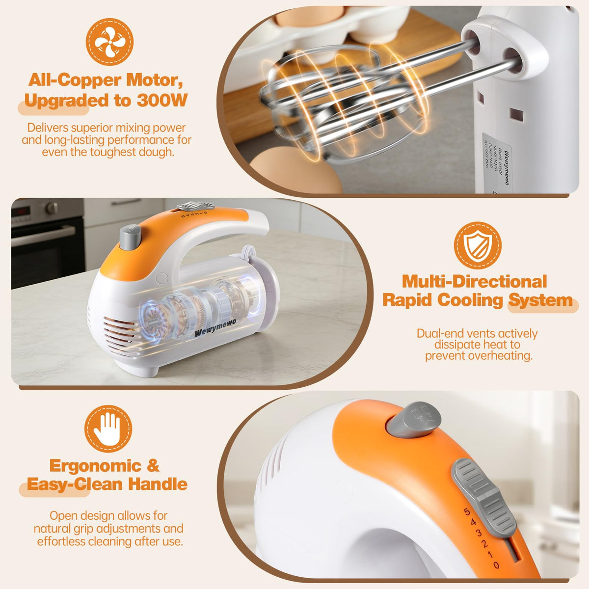 Wewymewo mixer with two stainless steel beaters for smooth batter