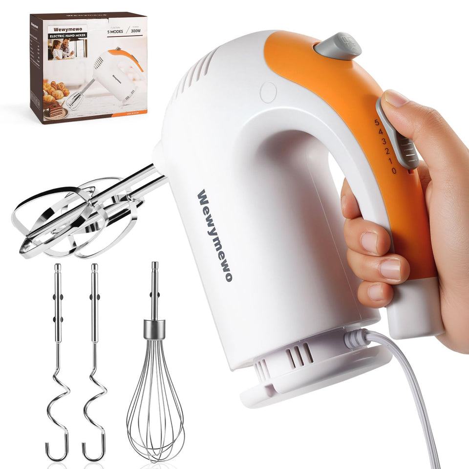 Wewymewo electric hand mixer front view showing compact design for easy batter prep