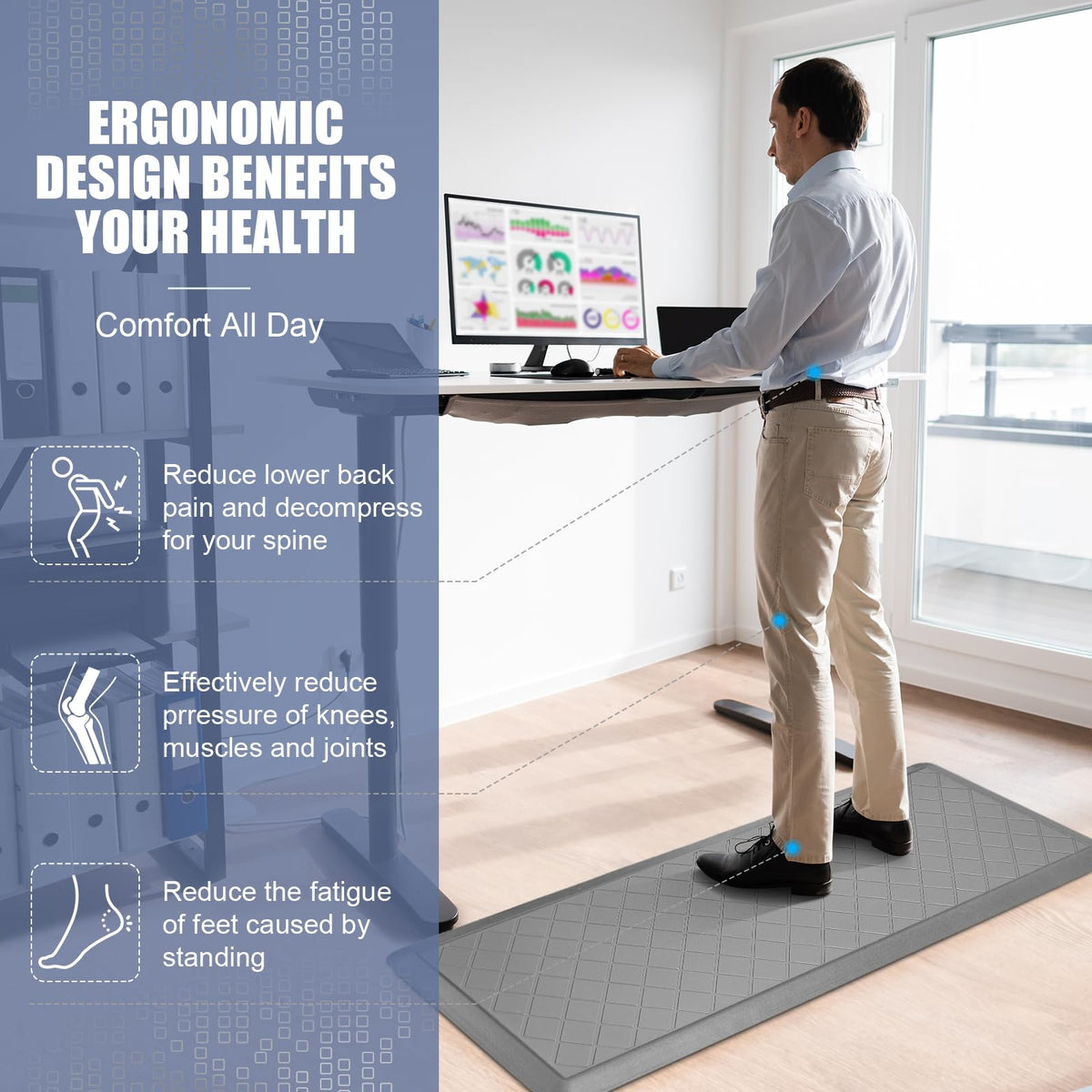 WEZVIX anti-fatigue foam-core mat helps reduce standing fatigue in the kitchen.
