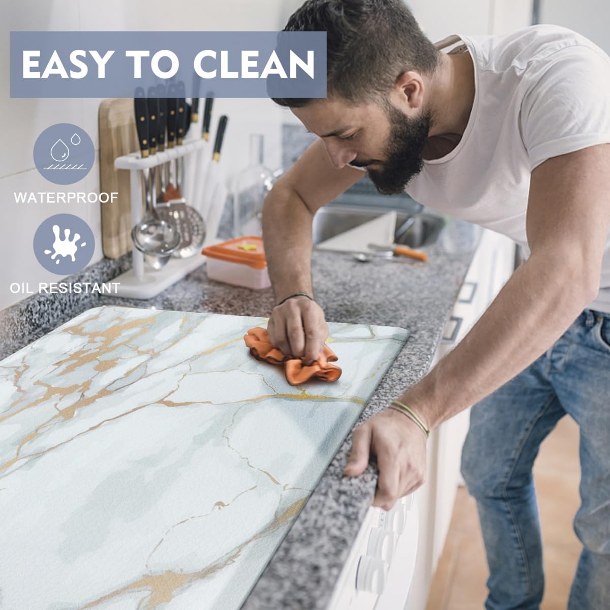 WEZVIX beveled-edge kitchen mat designed to prevent trips.