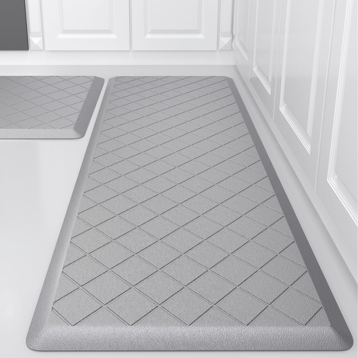 WEZVIX cushioned kitchen mat gray enhances comfort underfoot during cooking.