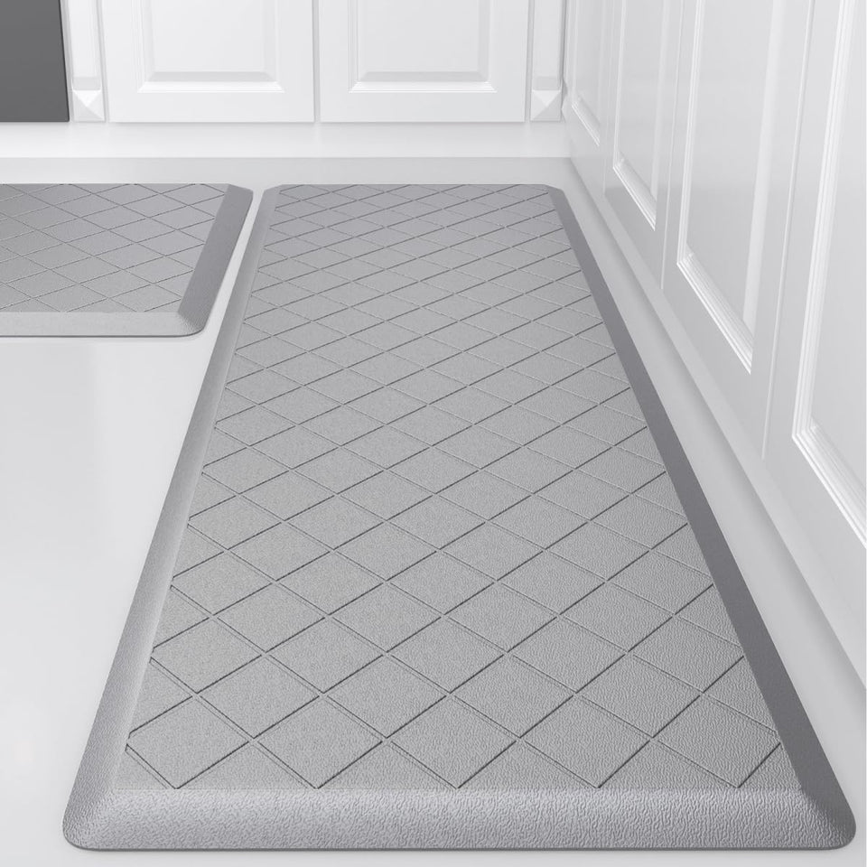 WEZVIX cushioned kitchen mat gray enhances comfort underfoot during cooking.