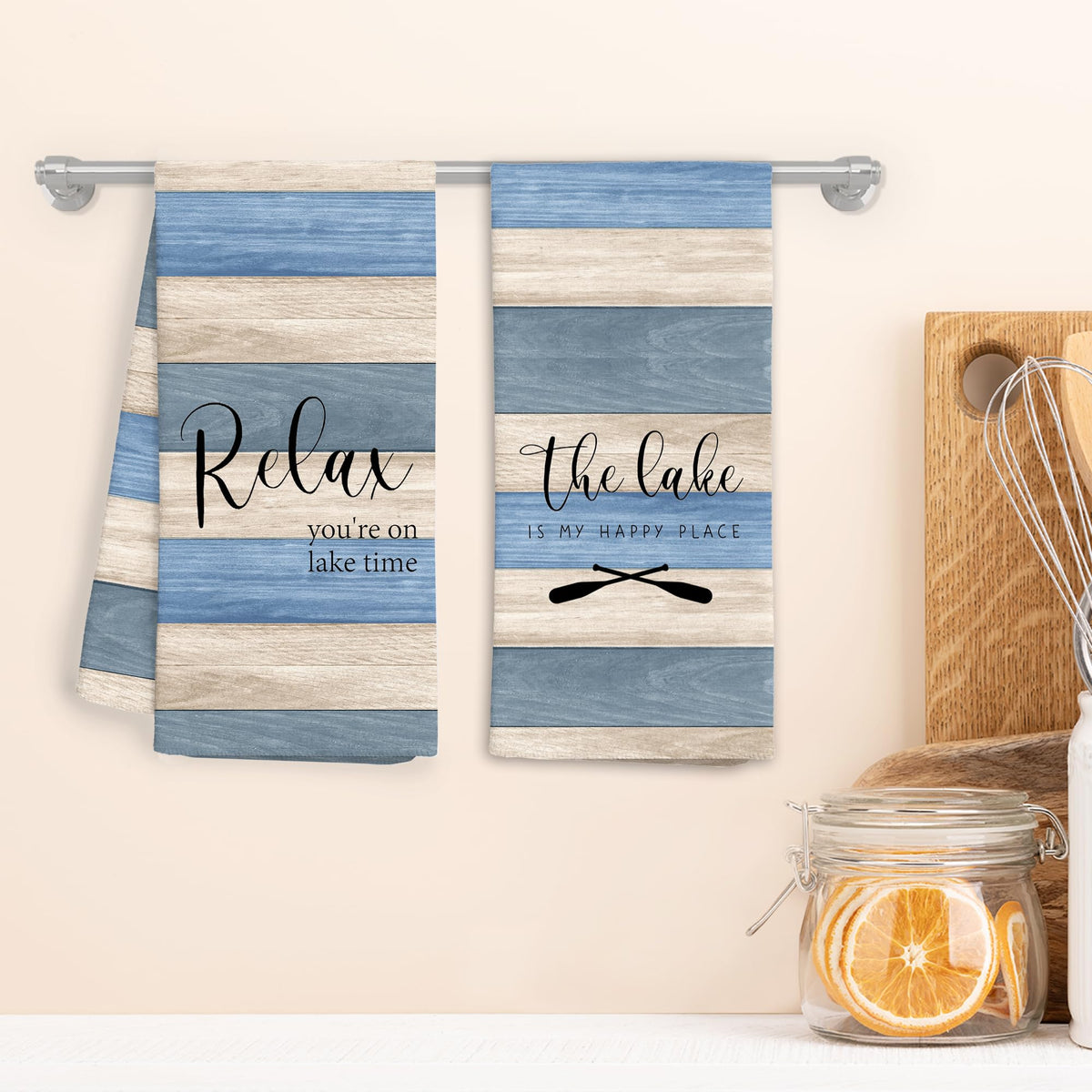 Nautical lake-pattern towel adds decor charm to kitchen.