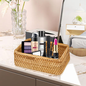 Whalehub natural rectangular rattan baskets kitchen contents hold fruit and napkins.