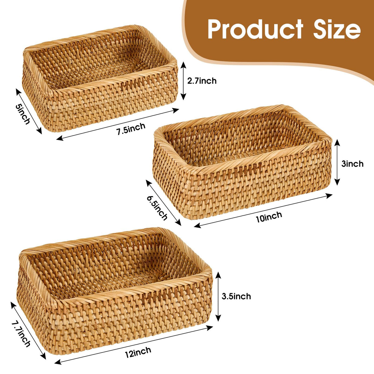 Whalehub natural rectangular rattan baskets medium inside perfect for cosmetics and documents.