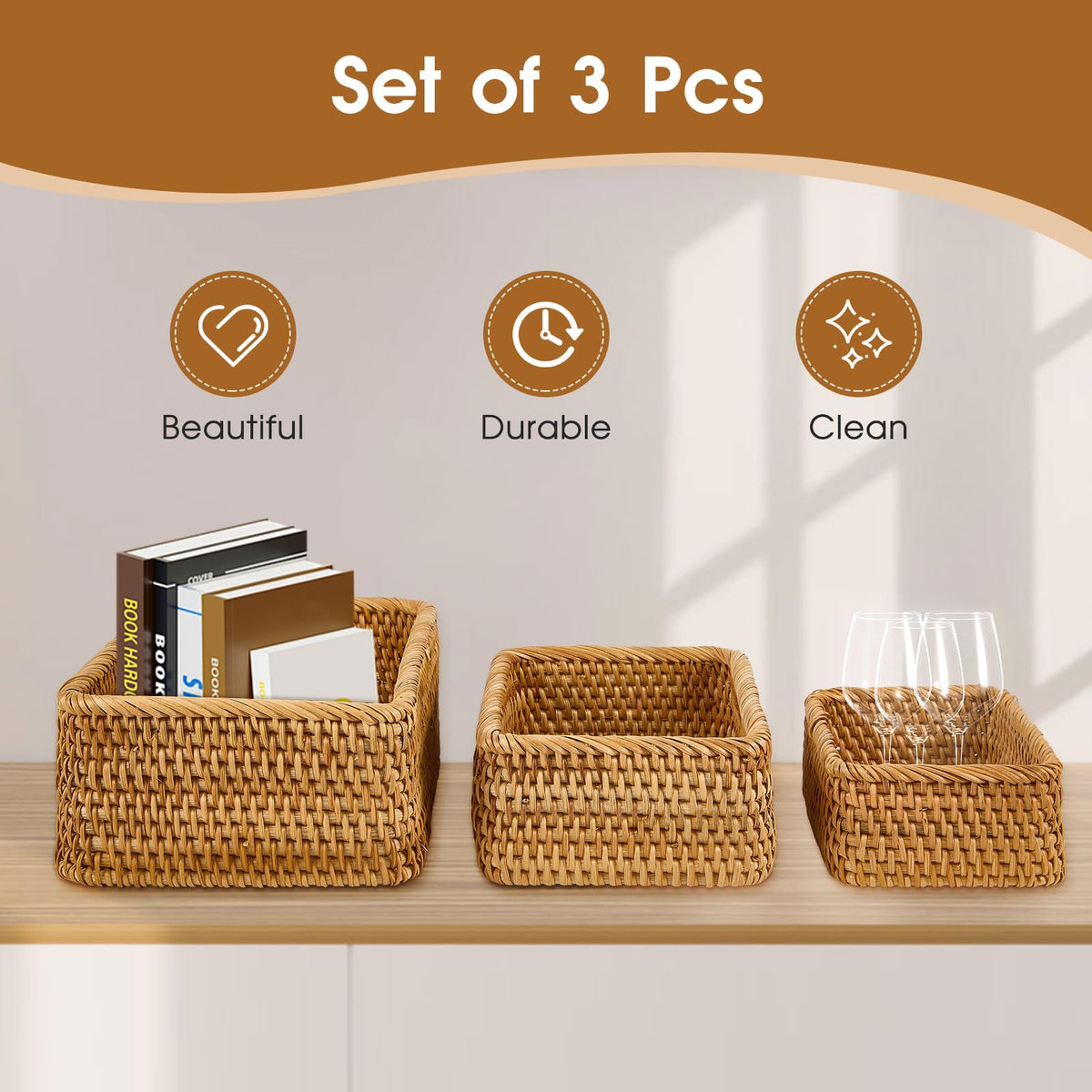 Whalehub natural rectangular rattan baskets nesting design saves space when stored.