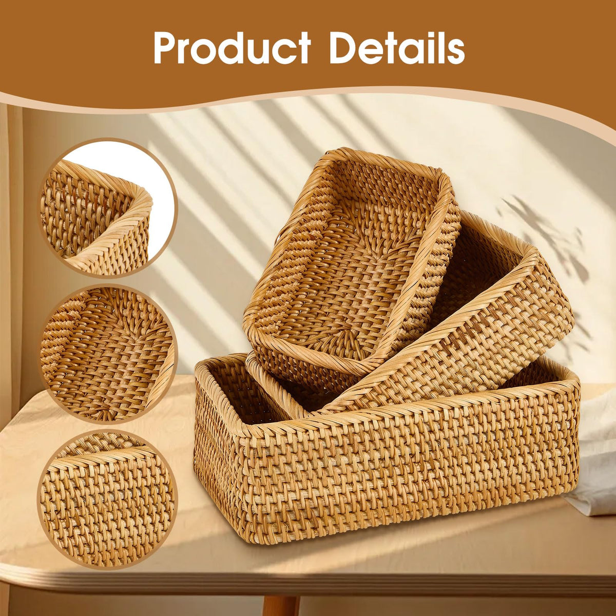 Whalehub natural rectangular rattan baskets small inside ideal for keys and accessories.