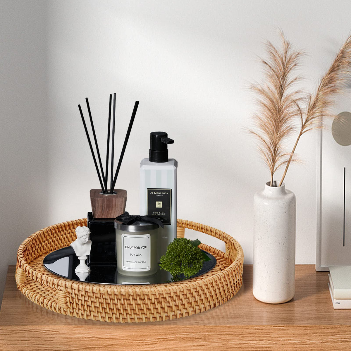 Whalehub rattan tray set of two stacked for space-saving storage.