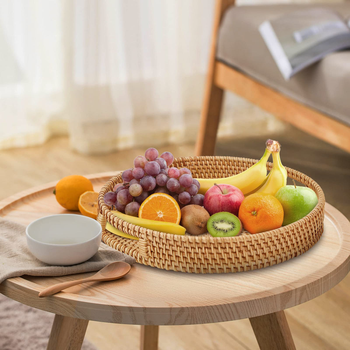 Whalehub round rattan tray close-up showing hand-woven texture and sturdy weave.