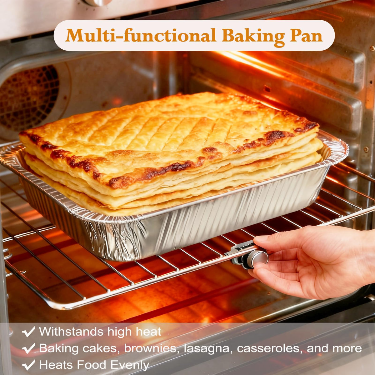 Whaleme foil pans, side view, sturdy for roasting and leftovers.