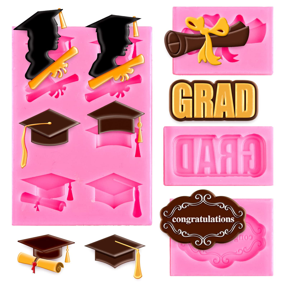Whaline graduation molds cap-diploma six-cavity design ideal for cake toppers