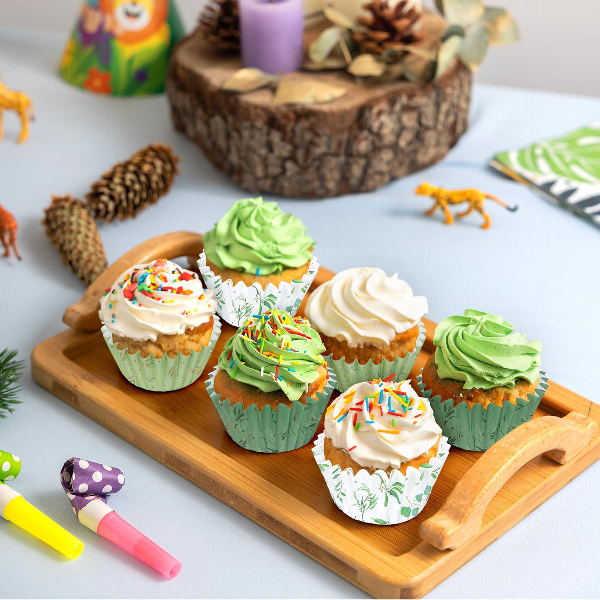 Whaline greenery cupcake liners ideal for baby showers and related events.