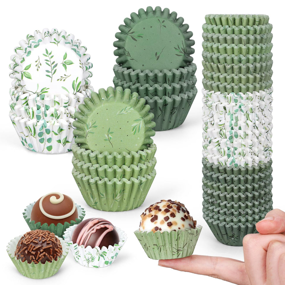 Whaline greenery cupcake liners with eucalyptus design for elegant party decor.