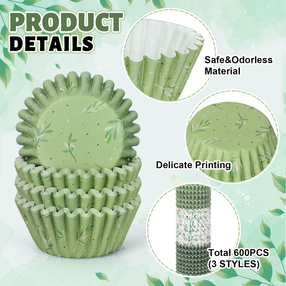 Whaline sage green liners complement white icing with botanical style.