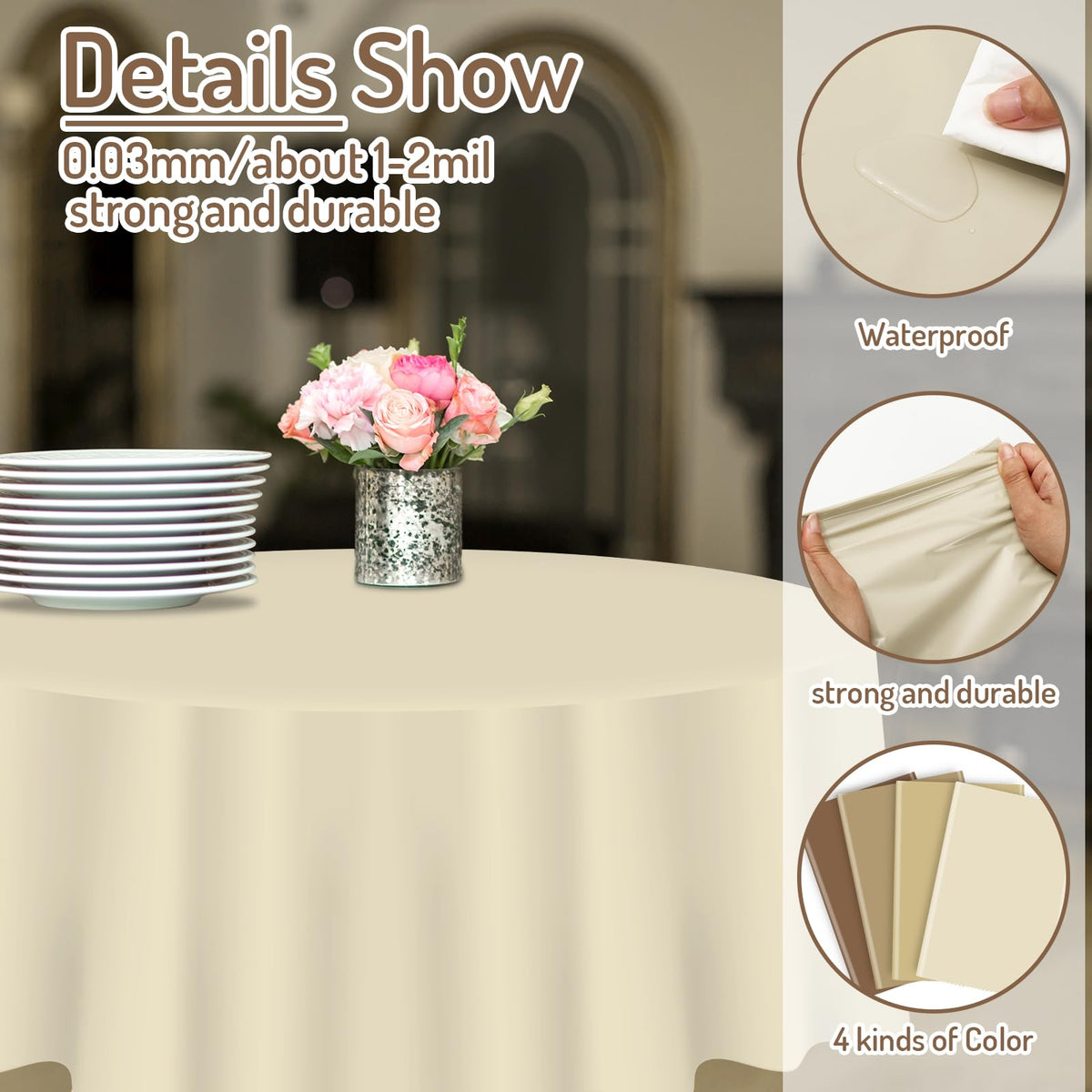 Whaline waterproof plastic tablecloth offers spill resistance for indoor or outdoor use.