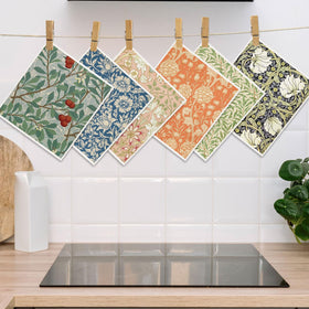Whaline William Morris dishcloths with floral and leaf motifs for versatile home tasks.