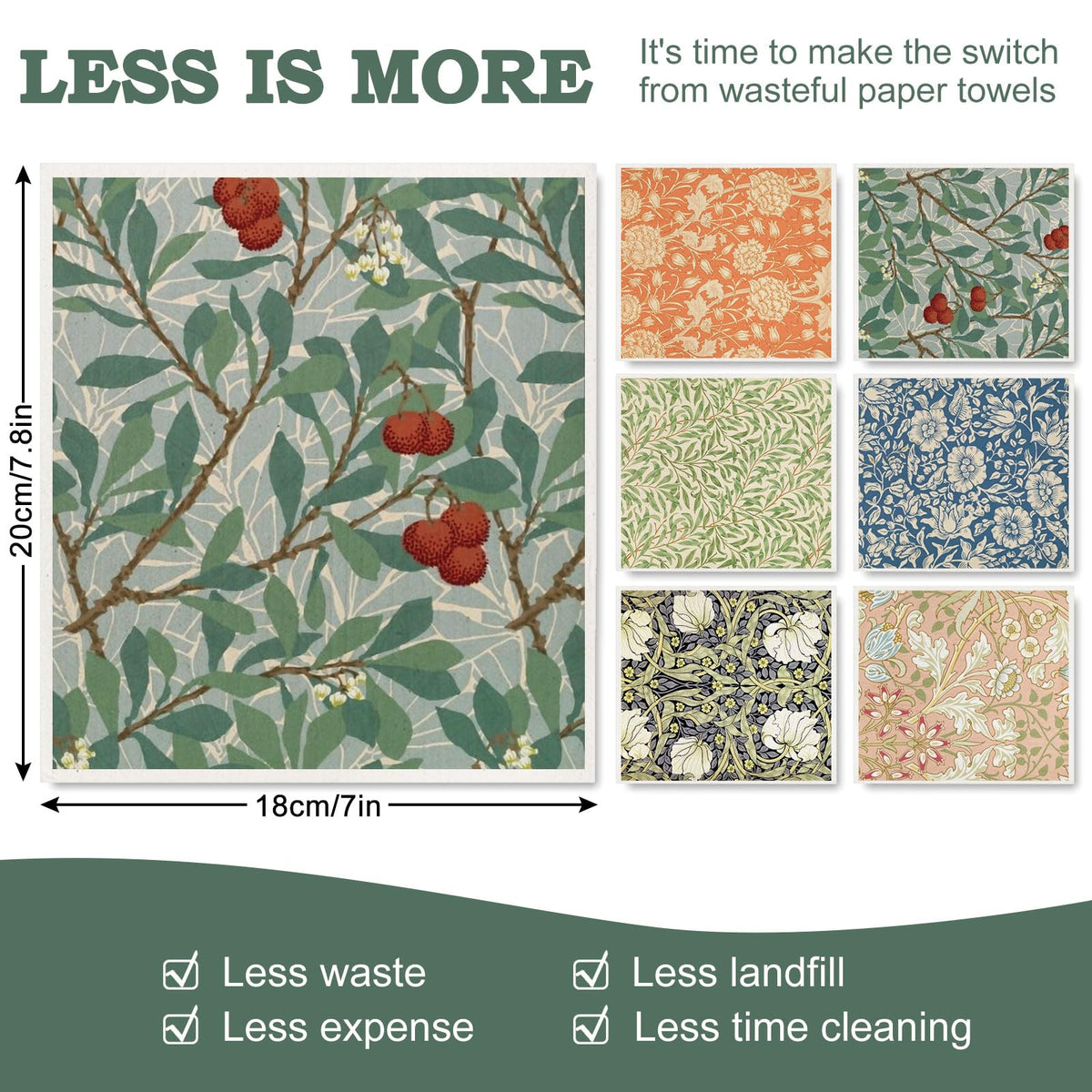 Whaline William Morris dishcloths featuring leaves motif for eco-friendly cleaning.