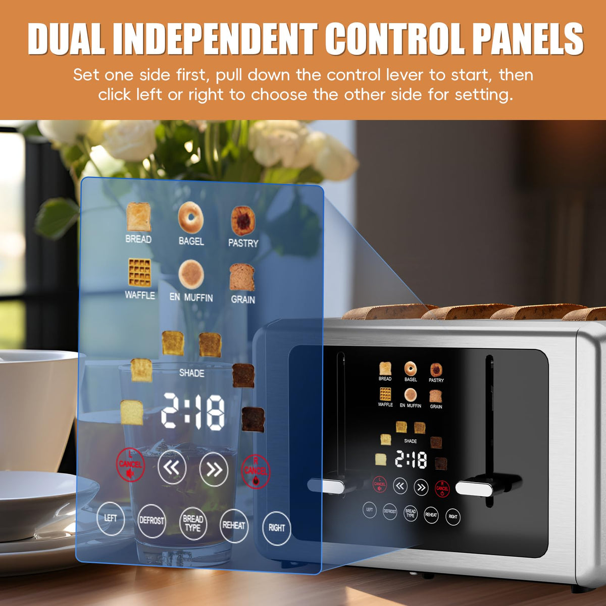 Whall 4 Slice Toaster dual control panel enabling independent toasting