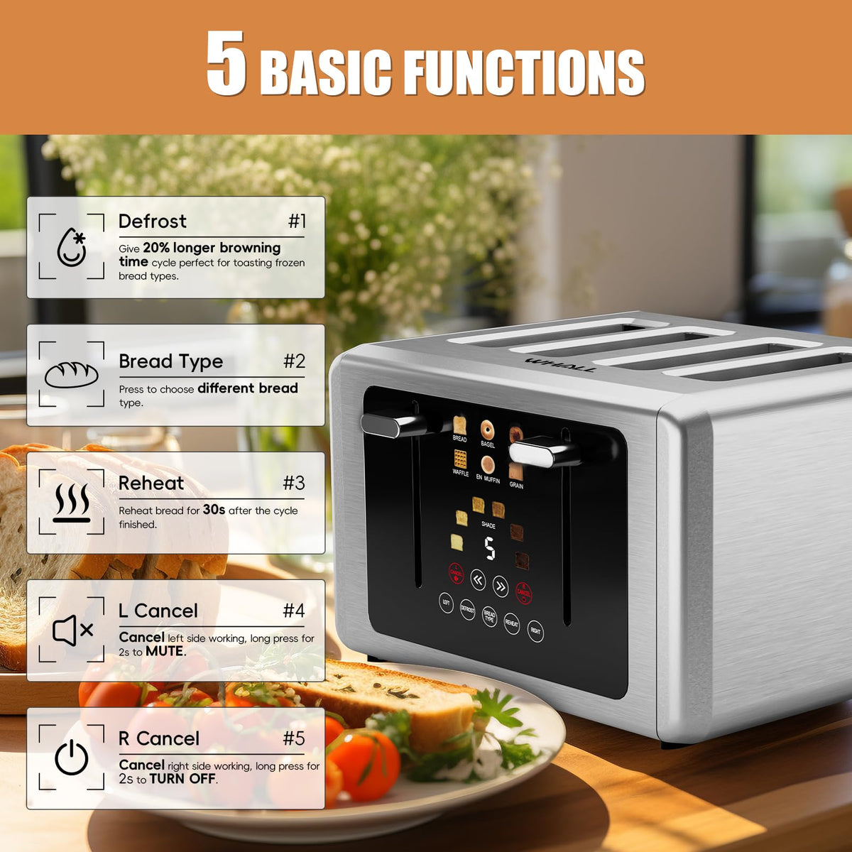 Whall 1.5-inch wide slots fit thick bread for even browning