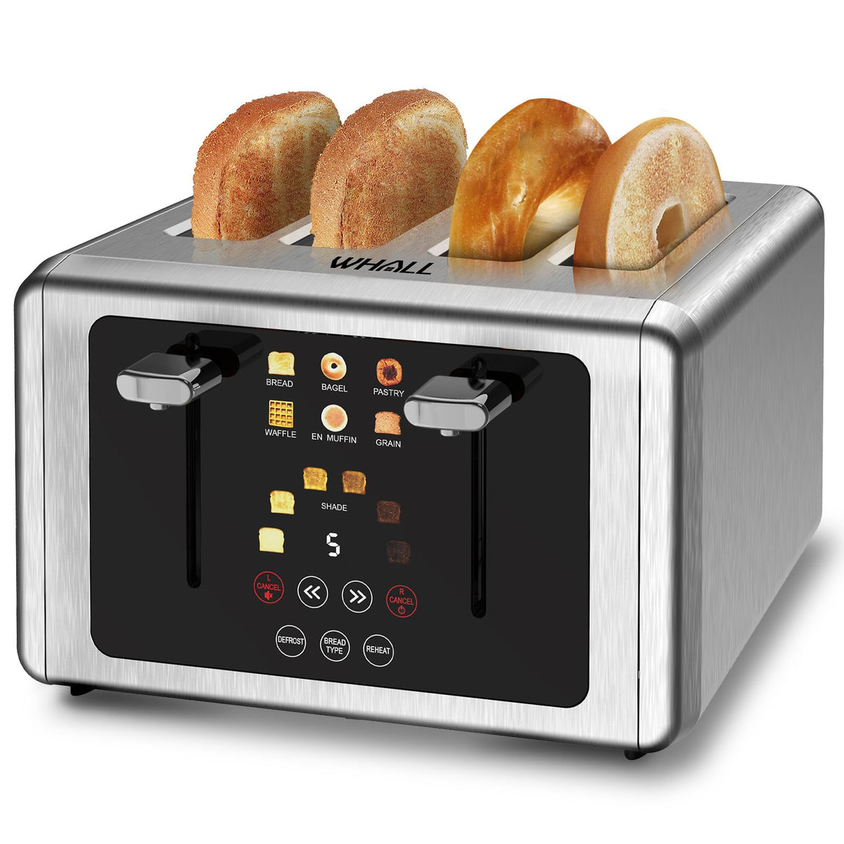 Whall 4 Slice Toaster touchscreen front with countdown for precise browning