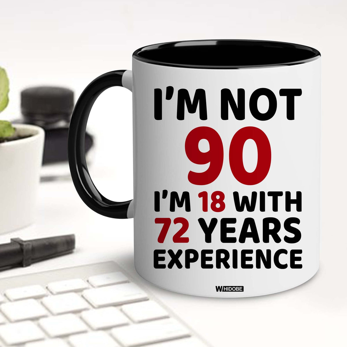 WHIDOBE 90th birthday mug held by senior for an easy, enjoyable sip