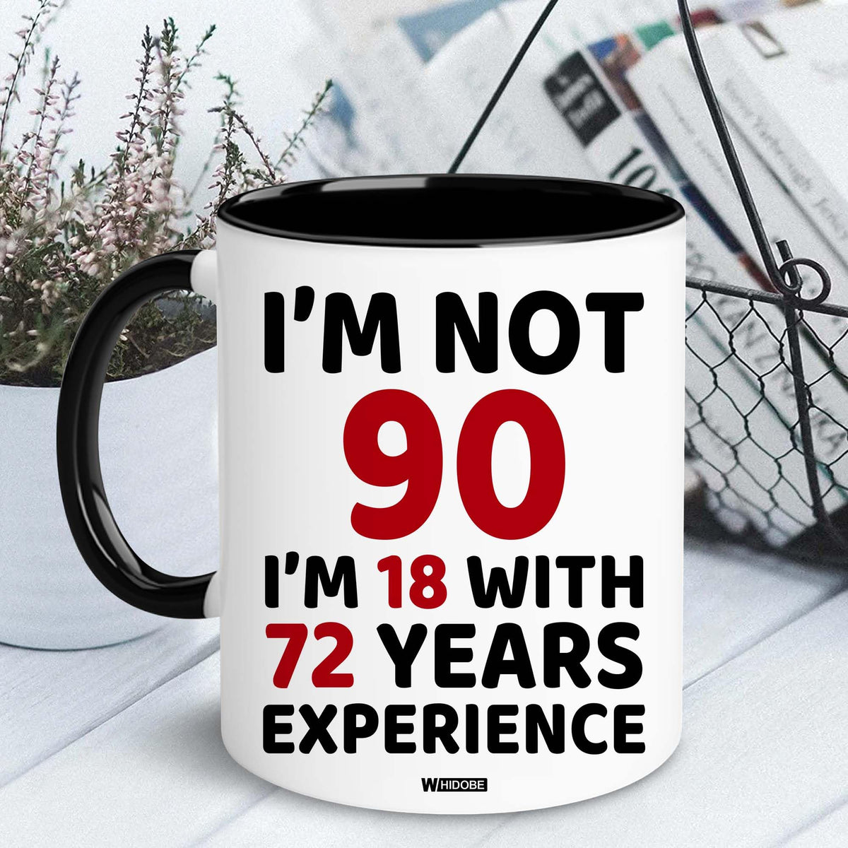 WHIDOBE 90th birthday mug side view perfect for gifting showcase