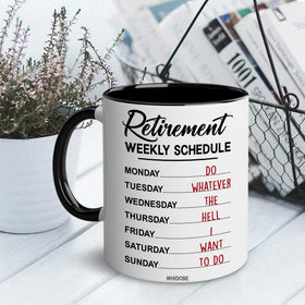 WHIDOBE retirement mug back text, microwave and dishwasher safe for easy cleanup.