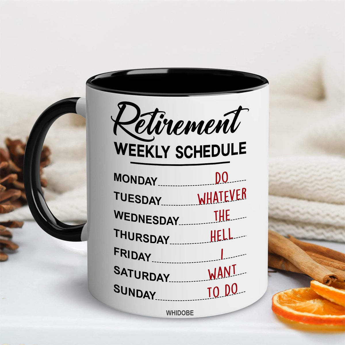 WHIDOBE retirement mug handle closeup, showcasing durable ceramic for everyday use.