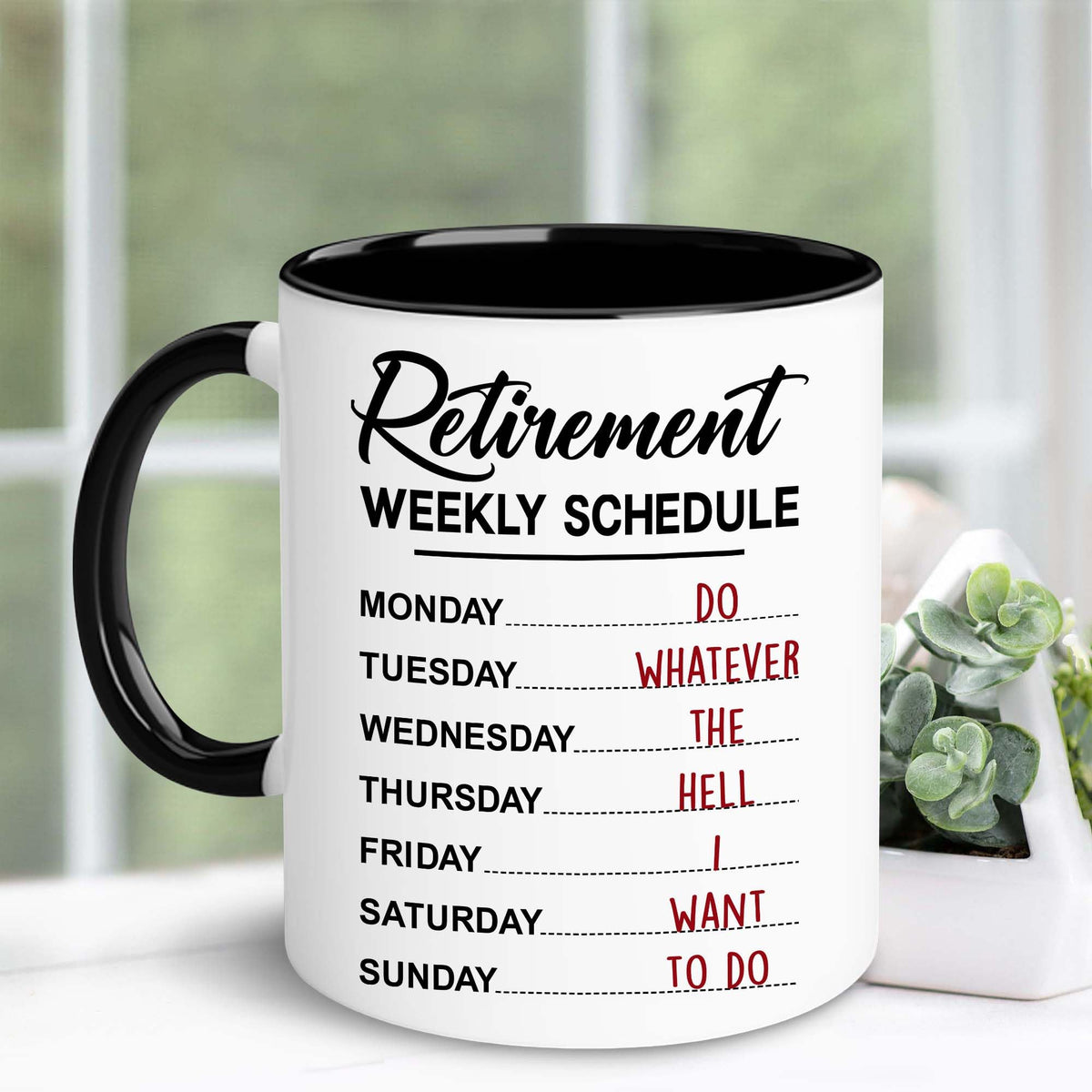 WHIDOBE retirement mug with coffee sip, ready for relaxing breaks and new routines.