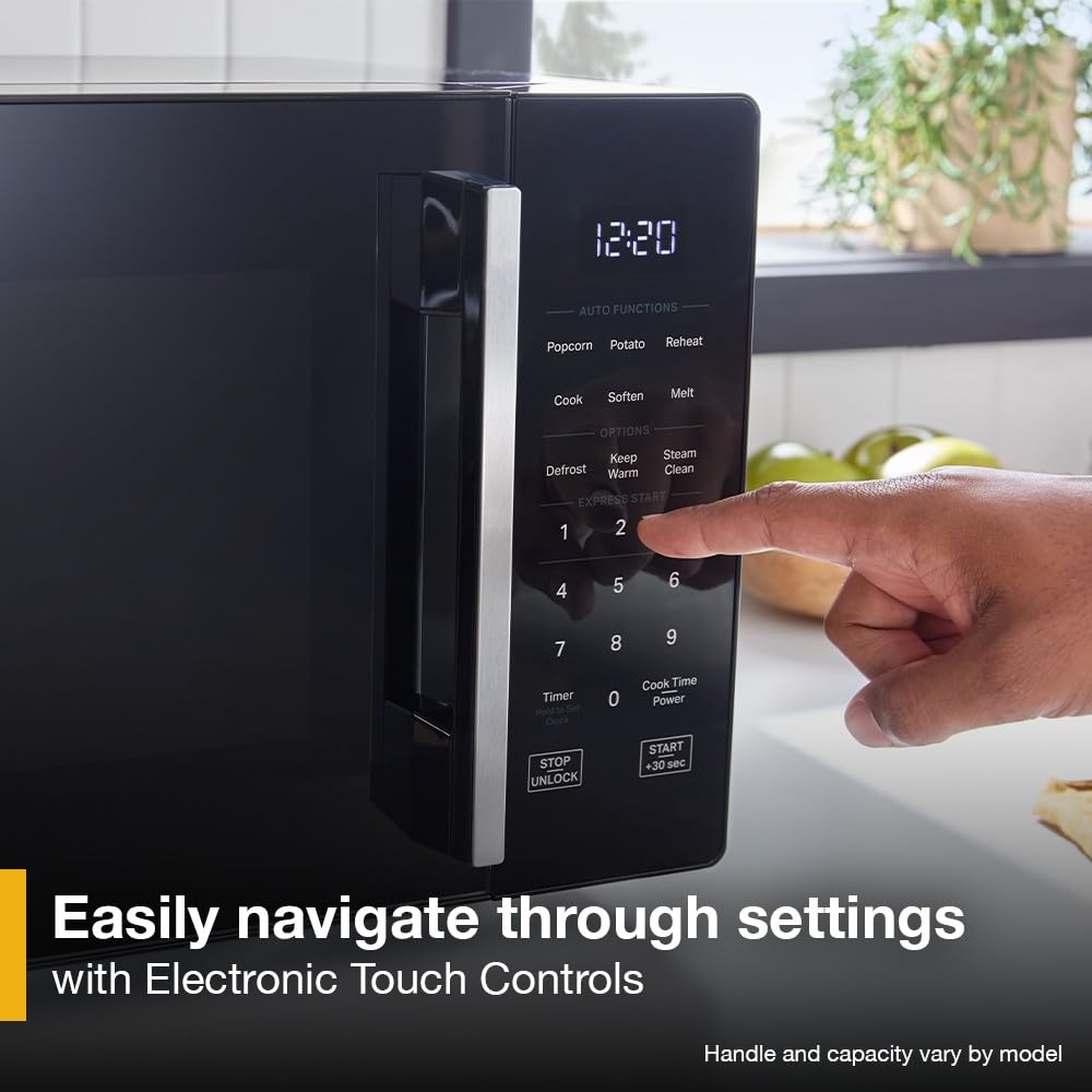Whirlpool WMCS3018RW control panel demonstrates easy electronic touch controls for quick meal prep.