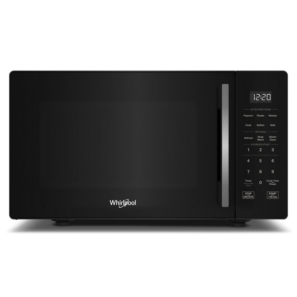 Whirlpool WMCS3019RB frontend view highlighting compact 0.9 cu ft capacity for small kitchens.