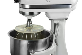 Whisk Wiper Pro on KitchenAid lift-bowl mixer with 6-wire whisk keeps the bowl clean.