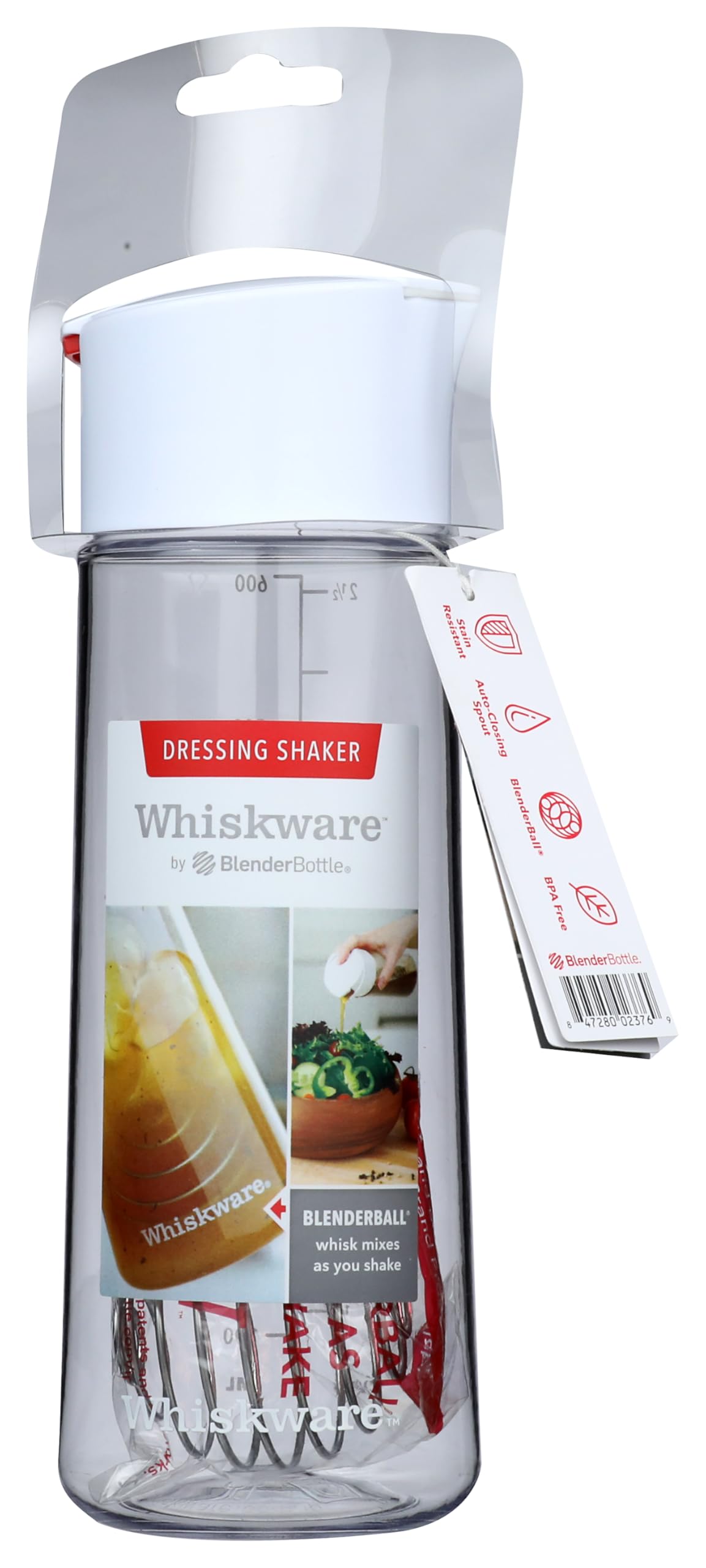 Whiskware Salad Dressing Shaker close-up with BlenderBall emulsifying a creamy dressing.