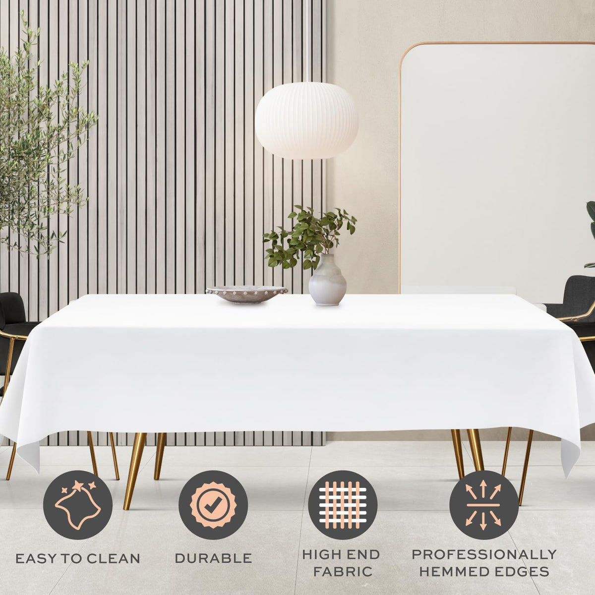 Dining table setup featuring WEALUXE tablecloth for family meals.