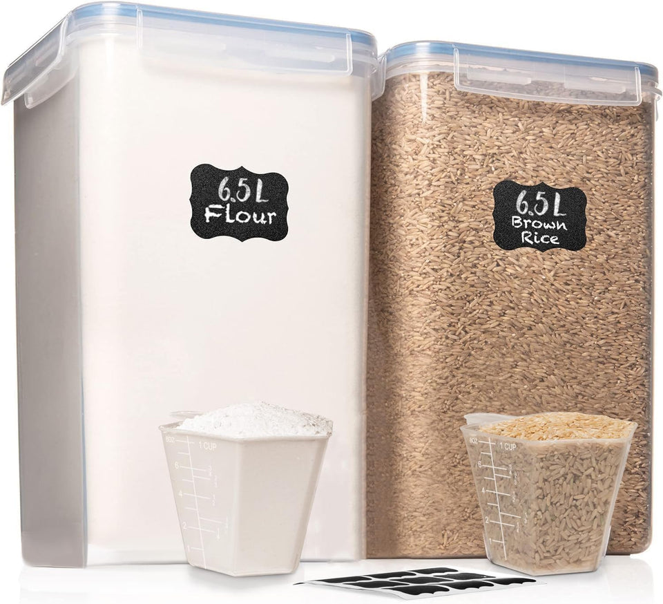 WHITE FEATHER SUPPLIES 2-pack flour container with airtight lid keeps bulk storage organized.