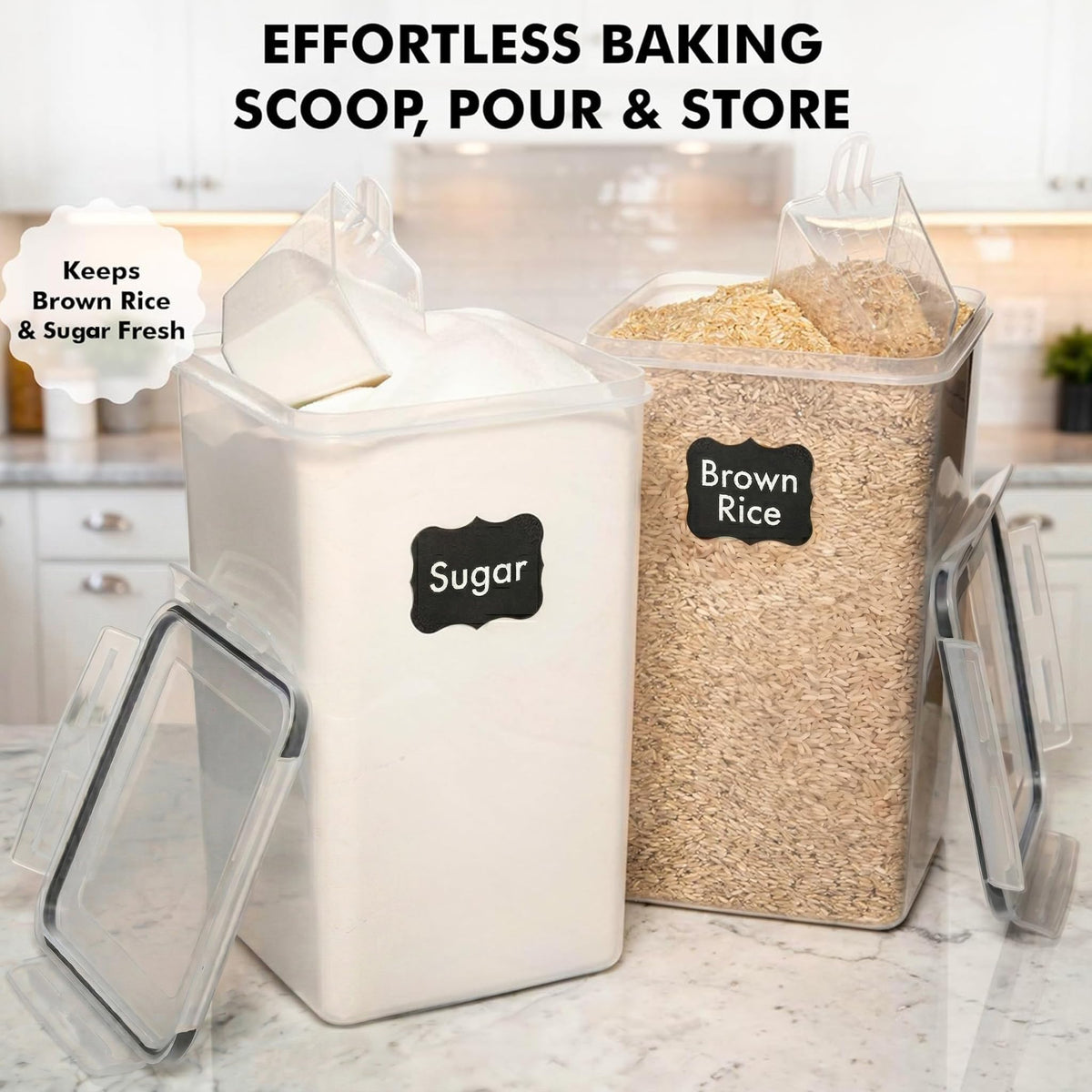 White Feather Supplies stackable design saves shelf space in a tidy pantry