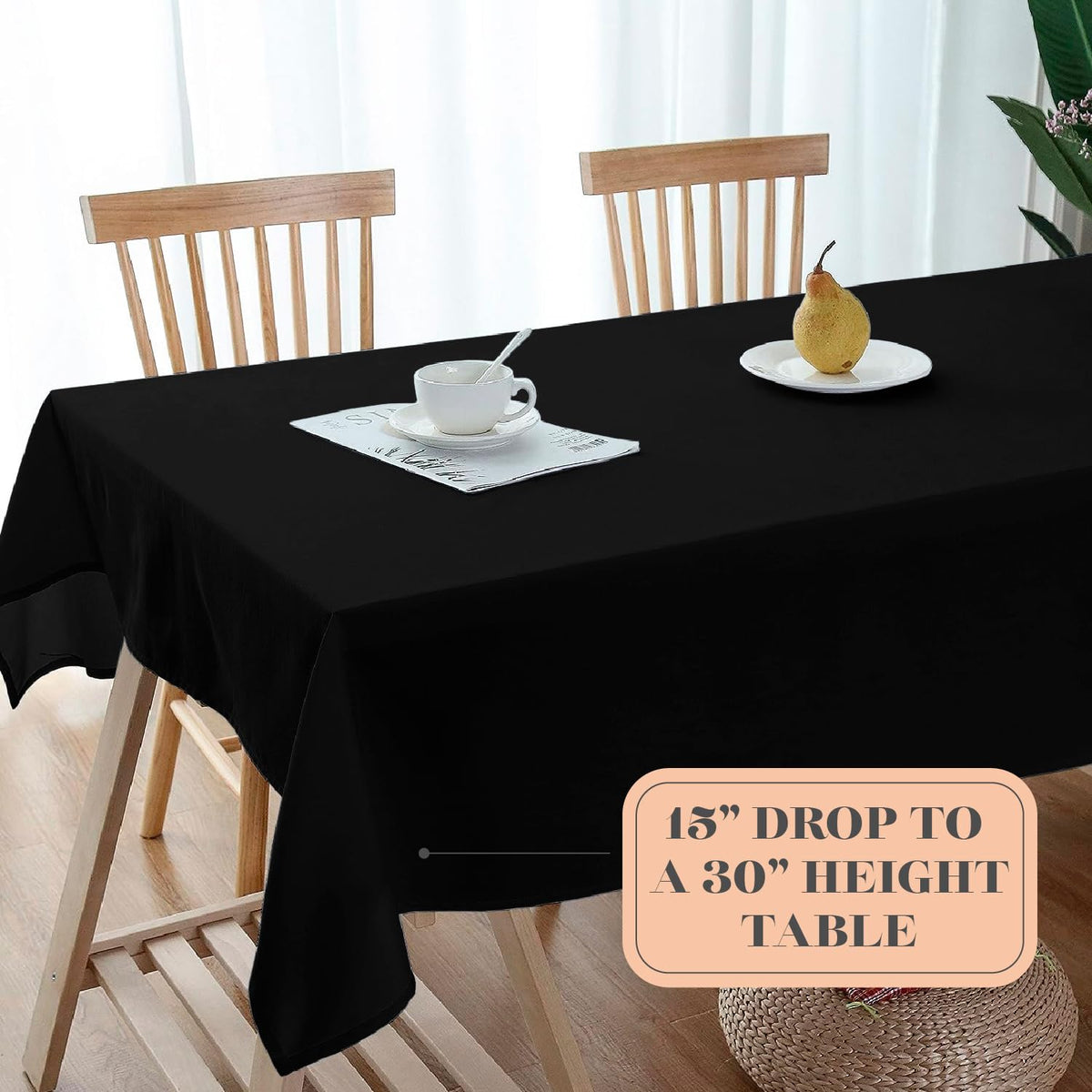 White Classic WEALUXE black tablecloth drapes over an 8ft table.