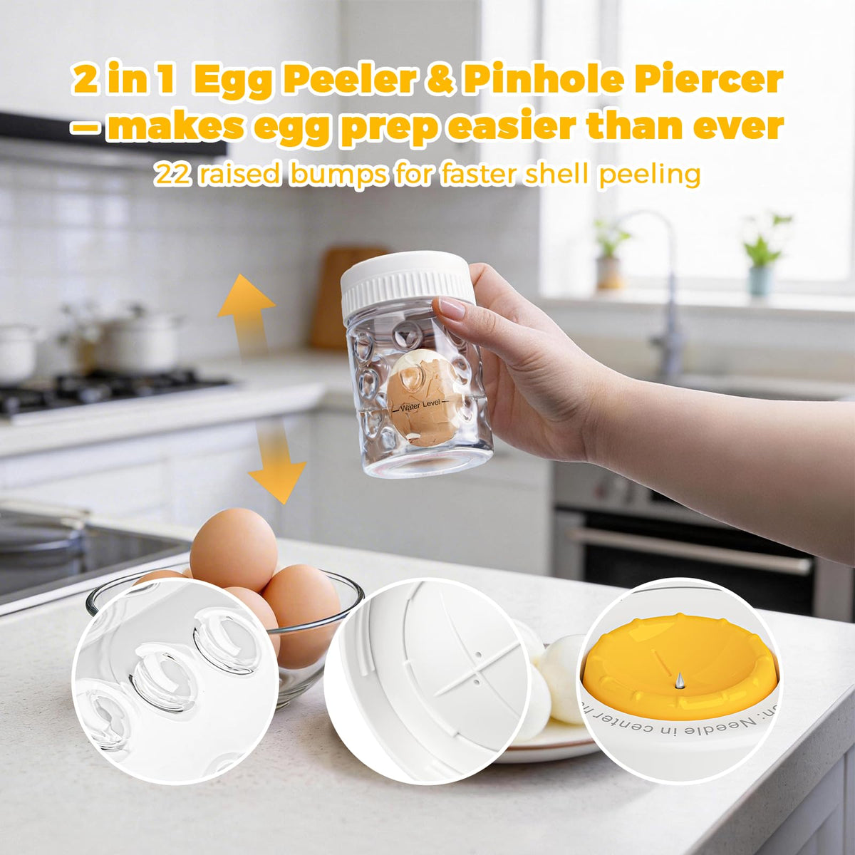WhiteRhino egg peeler leak-proof cap keeps countertops clean