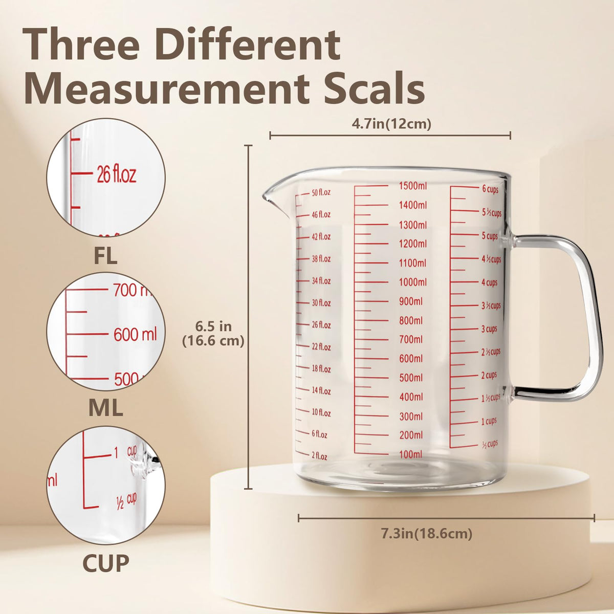 WhiteRhino glass measuring cup showing 1500ml capacity for large batches.