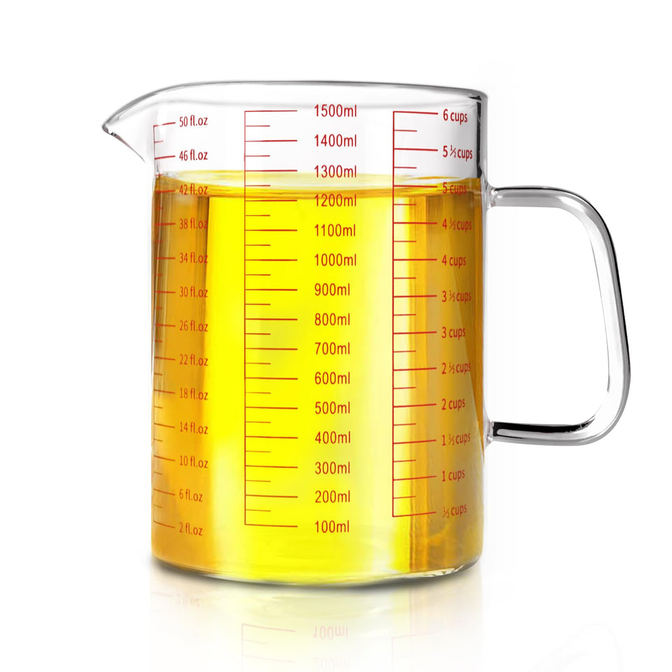WhiteRhino glass measuring cup with 6-cup capacity for precise kitchen measures.