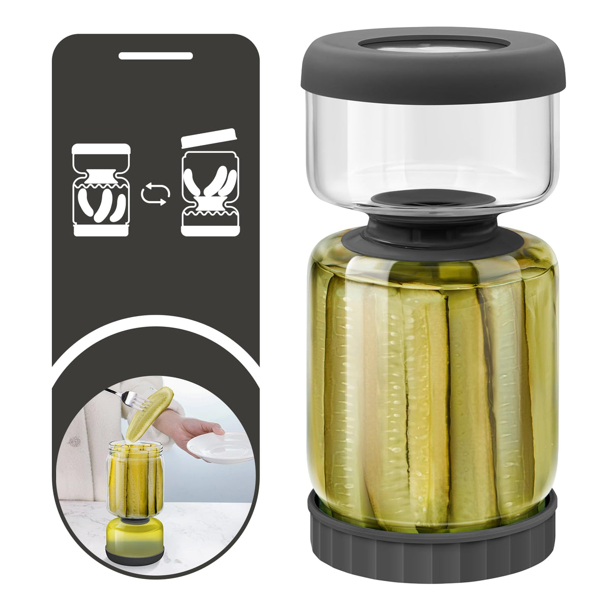WhiteRhino glass pickle jar with strainer flip, 46oz, ideal for long vegetables.
