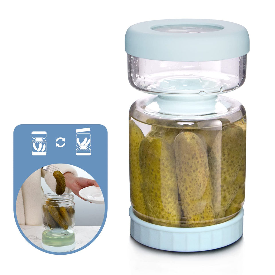 WhiteRhino glass pickle jar with strainer flip keeps pickles fresh with a tight lid.