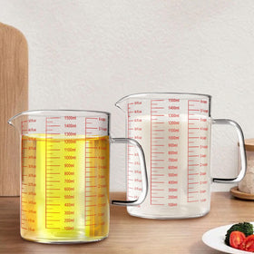 WhiteRhino measuring cup with handle and V-shaped spout enables mess-free pouring.