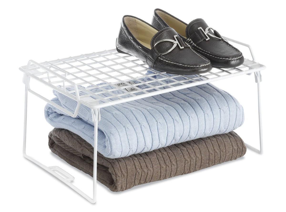 Whitmor Wire Grid Stacking Utility Shelf in laundry room for tidy detergents and tools.