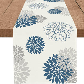 WHOMEAF blue-gray dahlia table runner on dining table highlighting rustic burlap texture