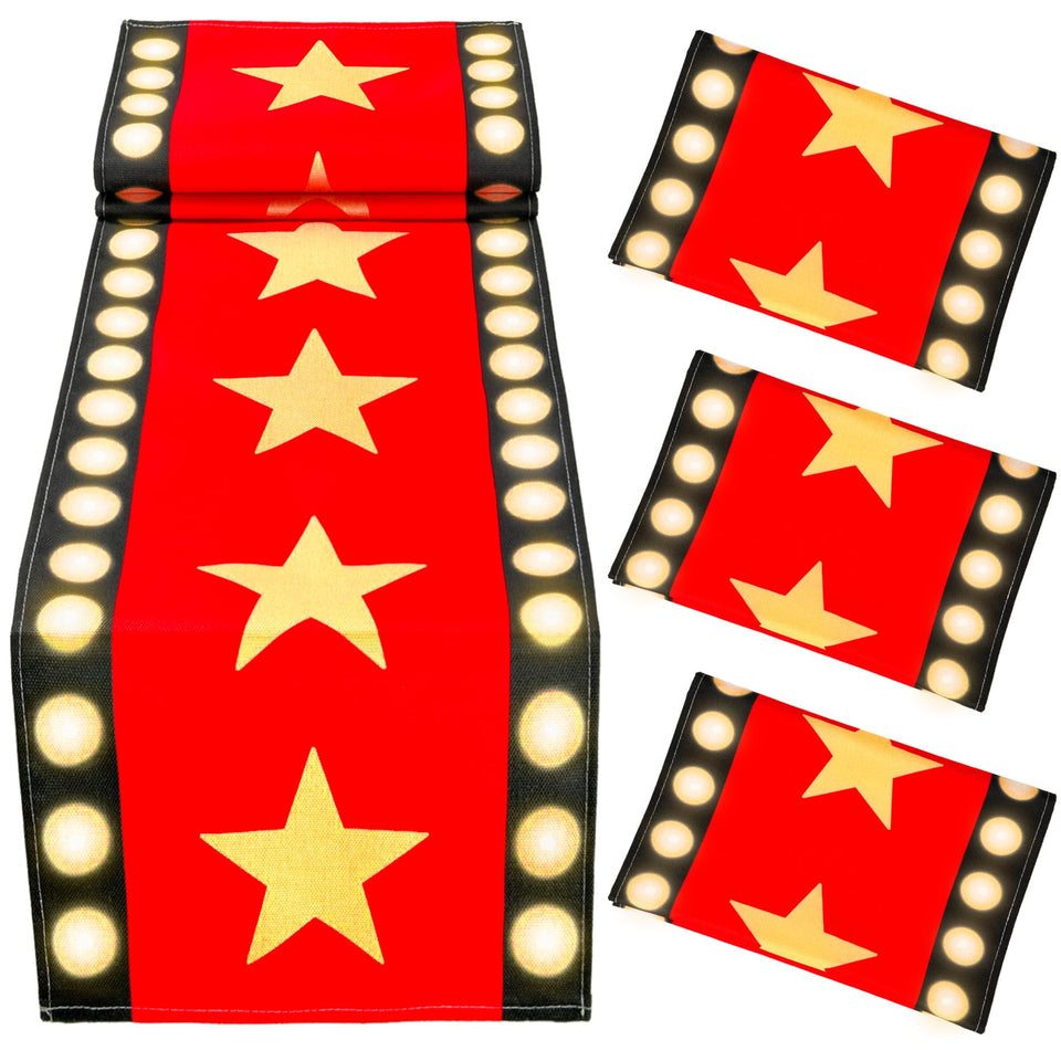 WHQXFDZ movie night table runner with red carpet design and gold stars.