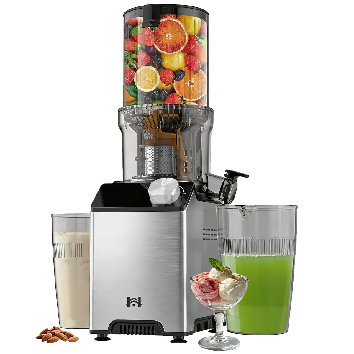 Whuto cold press juicer with wide feed chute ready for whole-fruit juicing