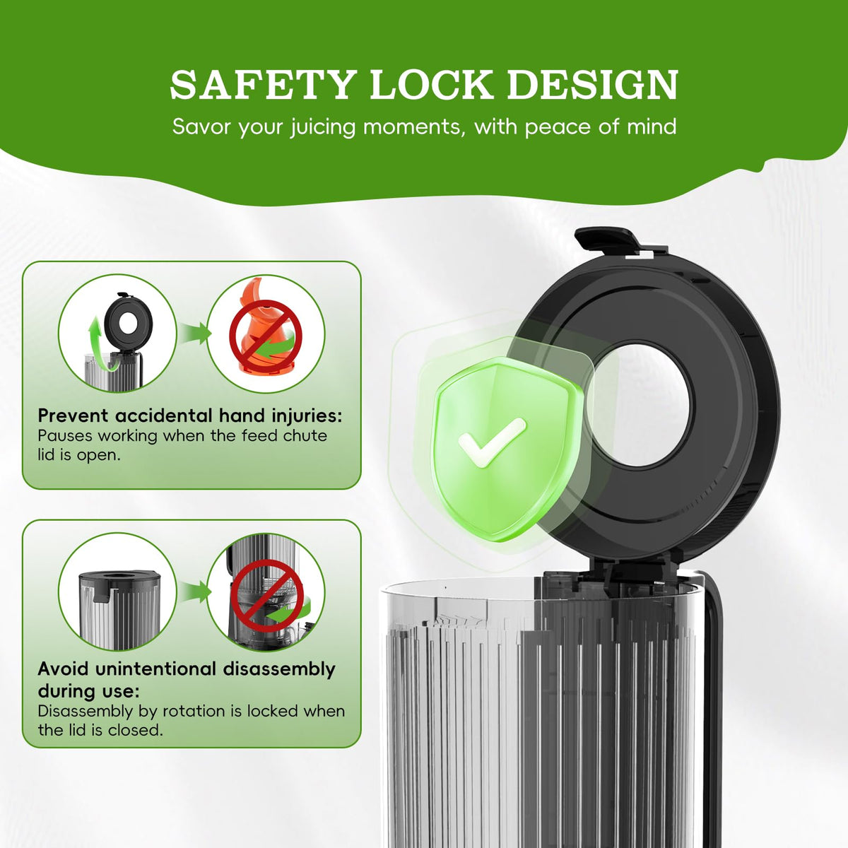 Whuto juicer safety lock lid design for family safety