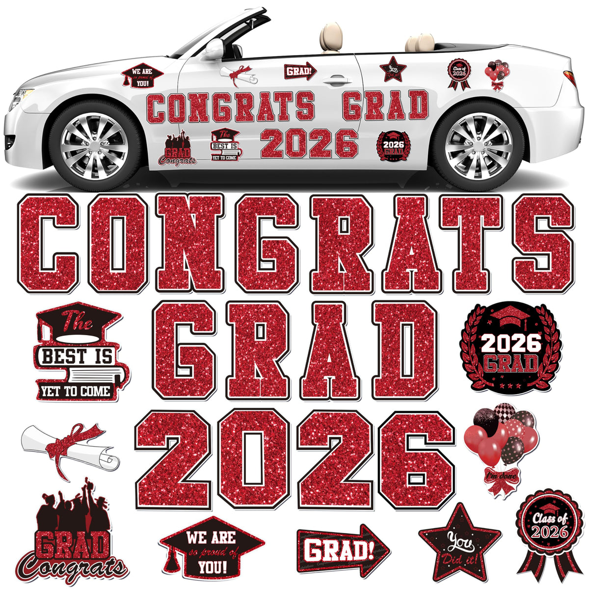 WHYMEO 2026 graduation car magnets decorate a car for parade celebrations.