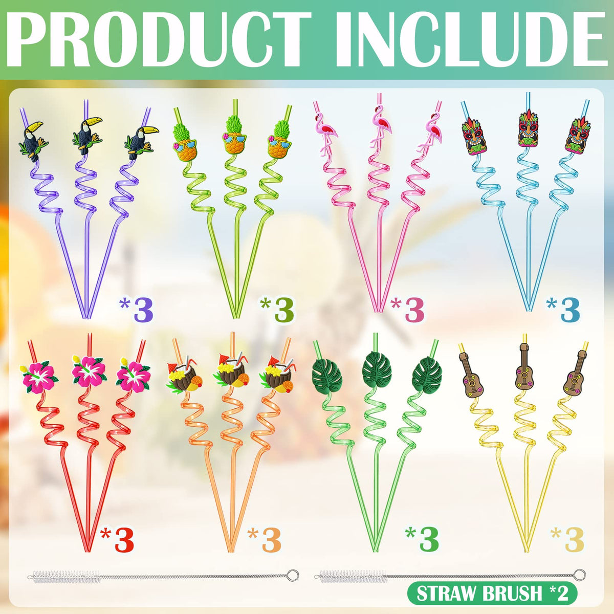 WHYMEO luau pattern straw set adds vibrant decor and reusable party use.